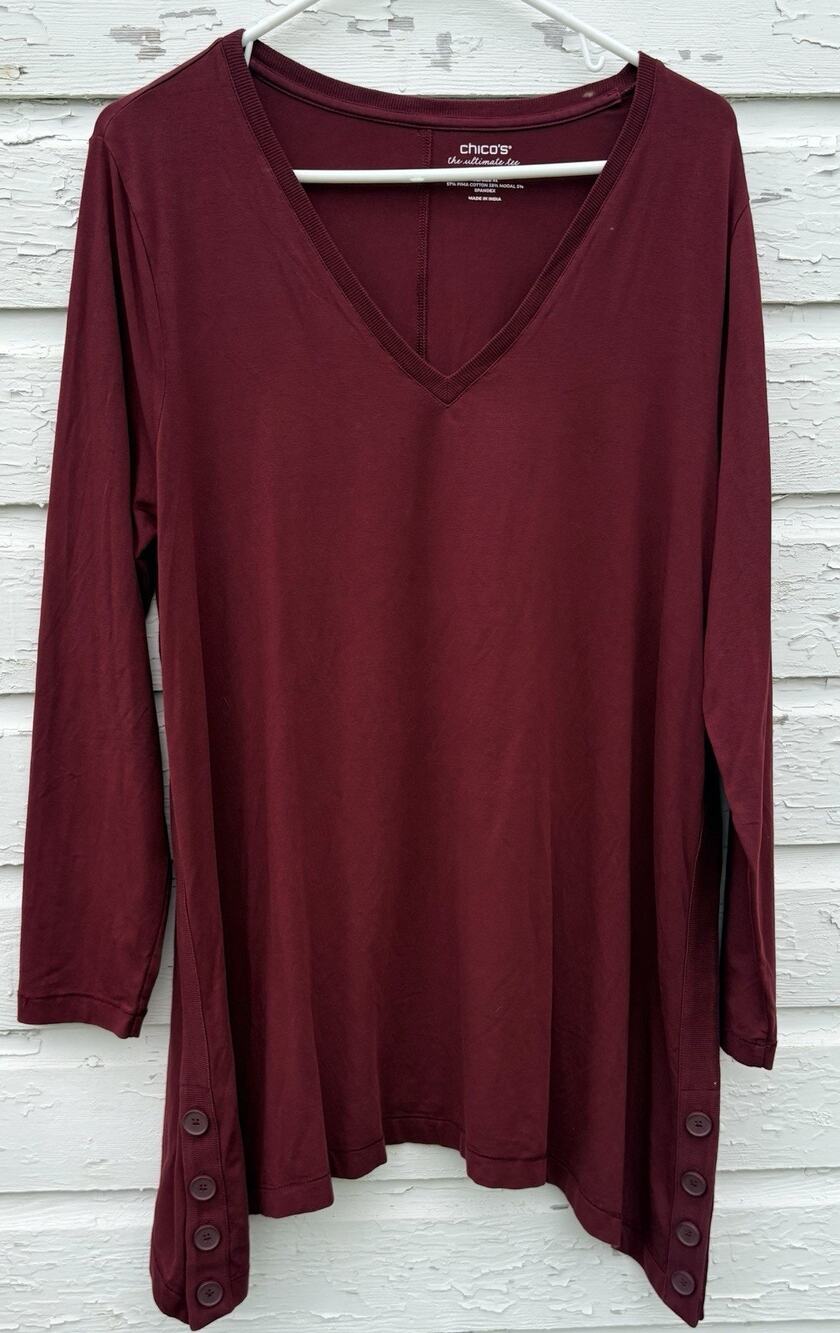 Chico's 3 Tunic Top Ultimate Tee XL Burgundy Red Lounge V Neck Pima Cotton